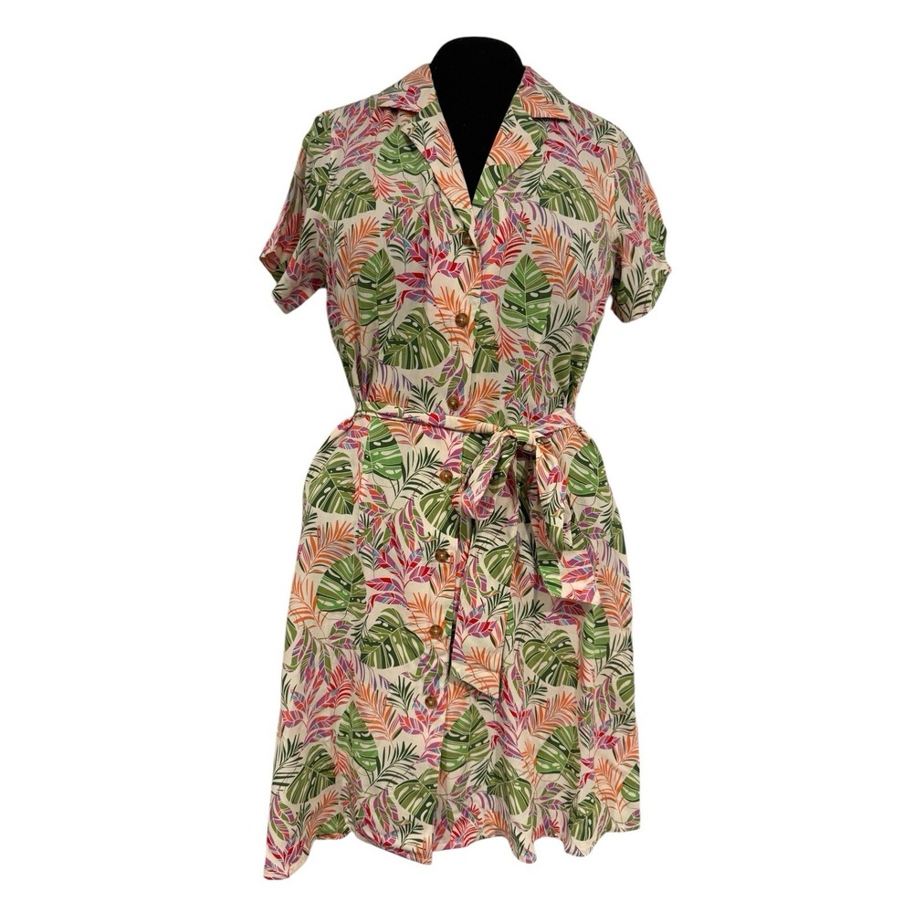 Untuckit Dress Women Size 0 Green Pink Julie Palm Print Short Sleeve Belted NWOT